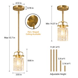 FDPBY Pressed Glass Pendant Lights Kitchen Island 3-Pack Metal Suspension Pole Gold Pendant Light Modern Farmhouse Pendant Lighting for Bedroom Bathroom Sloped Ceiling Light Fixture