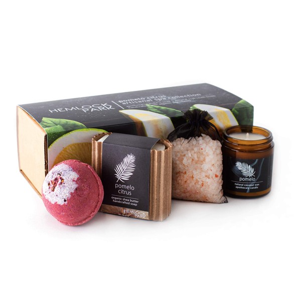 Hemlock Park Artisanal Spa Collection | Apothecary Candle, Shea Butter Soap, Bath Bomb, Mineral Salt Bath Soak | Handcrafted with Organic Ingredients (Pomelo Citrus)