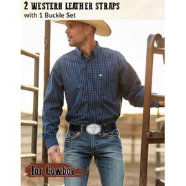 SANSTHS 2 Pack Cowboy Western Belt Strap with a Buckle, Men Women Embossed Cowboy Cowgirl Belt Strap for Jeans Gifts, Two Strap/Slivery Bull Buckle