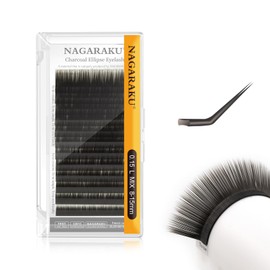 NAGARAKU Ellipse Flat Eyelash Extension Professional Double Split Tip Individual False Eyelashes for 1:1 Eyelash Extensions U-Shaped Design Charcoal Soft 12 Rows (0.15 mm L Curl 8-15 mm)