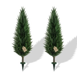 3.3FT Artificial Cedar Topiary Trees Set of 2 with Spike, UV Resistant Fake Plants Bushes Shrubs, Faux Arborvitae Cypress Privacy Tree for Outdoor Indoor Planter, Front Yard Porch Decor Christmas