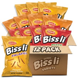 Osem Bissli Variety Pack - 3 Bold Flavors: Falafel, Pizza, BBQ, Baked Flavored Snacks, Crunchy Wheat Snacks for Kids & Adults - 1.23oz Bags (Pack of 12)