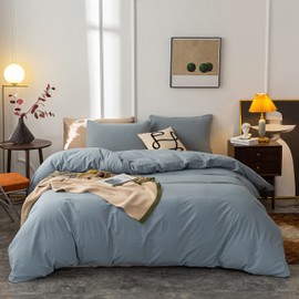 Janlive Washed Cotton Duvet Cover Twin Ultra Soft 100% Cotton Solid Color Grayish Blue Duvet Cover Set with Zipper Closure - 2 Pieces Grayish Blue Twin
