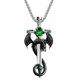 Slpytc Gothic Sword Dragon Necklace for Men Women,Vintage Dragon Wrapped Sword Cross Pendant Necklace Punk Shiny Zircon Pendant Necklace Dark Gothic (Green)