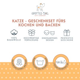 Set of 3 Drying Towels, Kitchen, Kitchen Apron and Double Oven Gloves, Heat Resistant, White Cotton with Cat Motif, Chef Baking Gift for Cat Lover Owners Cat Fans