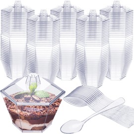 Honeydak 100 Set Hexagonal 3.2 oz Mini Dessert Cups with Lids and Spoons Hexagonal Plastic Cups with Lids for Tasting Desserts Parfait Appetizers Fruit Trifle Ice Cream Pudding Party