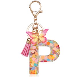 OSDUE Fashion Alphabet Initial Letter Keychain, Women Tassel Butterfly Pink Purple Cute Car Keyrin, Pink and Gold Resin Alphabet Keychain, Tassel Butterfly Pendant Key Ring for Wallet (J)