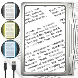 MagniPros 5X [Rechargeable] Large Ultra Bright LED Page Magnifier with Anti-Glare Lens & 3 Stepless Color Light Modes to Relieve Eye Strain-Ideal for Reading Small Prints, Low Vision and Seniors