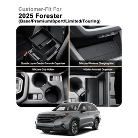 2025 Forester Center Console Organizer - 4 Pcs Set Double-Layer Center Console Organizer+Hidden Organizer Box+Silicone Cup Holder+Charging Mat for 2025 Subaru Forester/Hybrid Accessories(4 Packs)