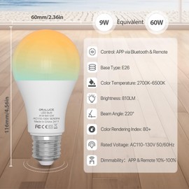 ORALUCE LED Remote Control Light Bulbs 60 Watt Equivalent, Dimmable 2700-6500K Lightbulbs E26 Base, A19 Bluetooth Smart Light Bulb for Lamp, Bedroom, 4 Pack Without Remote Control
