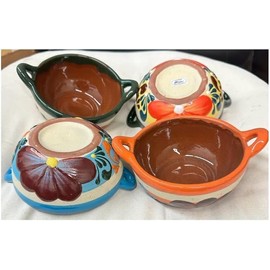 Set of 4 Mexican Salsera Flower design Cazuela Salsero de Barro Bowls Salsa Chips Guacamole Nuts Condiment Server Traditional Clay Party Dish China Engobe Made in Mexico