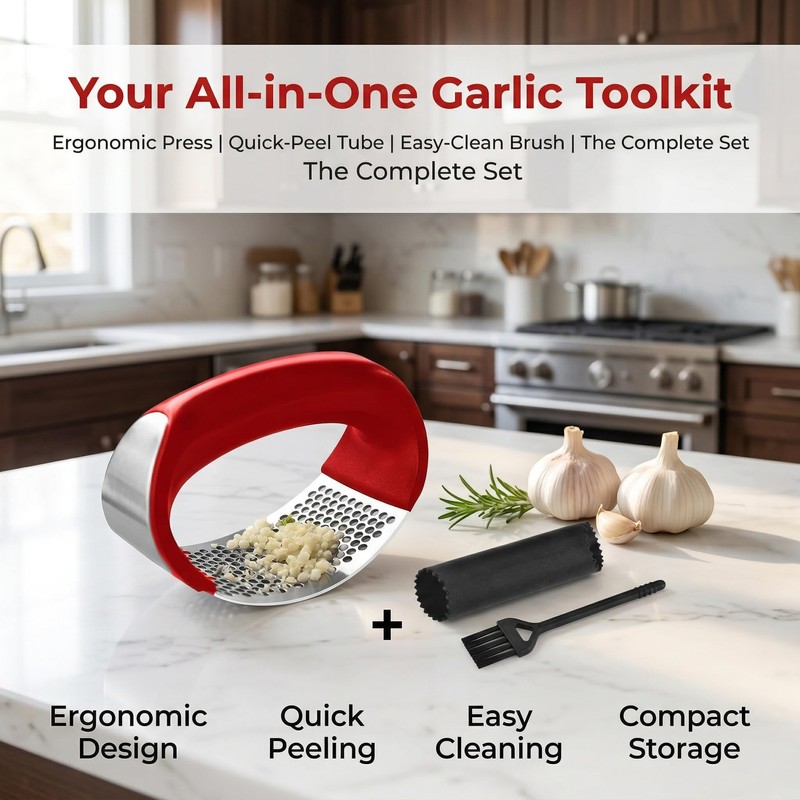 Garlic Squeezing Tool Stainless Steel Garlic Grinder with Peeler &