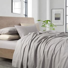 Royal Hotel Bedding Vintage Belgian Flax Linen and Cotton Blend Sheet Set, Hypoallergenic Pre-Washed Linen Cotton, Cool Breathable Percale Weave 150 GSM - 4pc Bed Sheet Set, Queen, Gray