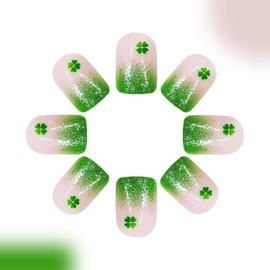 St. Patrick's Day Press on Nails Short Square Fake Nails Shamrock False Nails Green French Tip Artificial Nails Holiday Acrylic Nails Four Leaf Clover Stick on Nails Full Cover Glue on Nails for Women