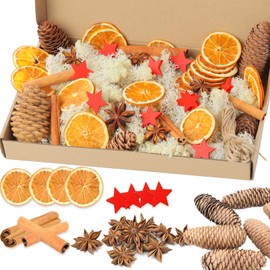 YUNSTK Pack of 67 Christmas Wreaths, Decorative Potpourri Christmas, Christmas Decoration, Advent Wreath with Pine Cones, Cinnamon Sticks, Dried Orange Slices, Star Anise, Jute String, Moss, and