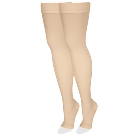 NuVein Medical Compression Stockings, 20-30 mmHg Support, Women & Men Thigh Length Hose, Open Toe, Light Beige, Large