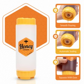 Brenium No‑Drip Honey Dispenser Bottle FIFO – 18 oz BPA-Free Squeeze Jar with Silicone Valve for Mess-Free Pouring – Refillable Honey Container for Syrup, Agave, Salad Dressing, Breakfast Use