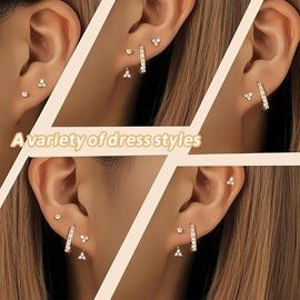 3 Pairs of Stackable Cubic Zirconia Stud Earrings, 14 K Gold-Plated Small Stud Earrings, Women's Hypoallergenic Sleeping Cartilage Stud Earrings for Multiple Ear Holes