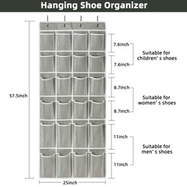 KEEPJOY Over The Door Shoe Organizer, Hanging Shoe Organizer with 24 Mesh Pockets Over Door Shoe Holder Works Well for Men Women Kids Shoe Storage, 57.5 x 25 Inch(Grey)