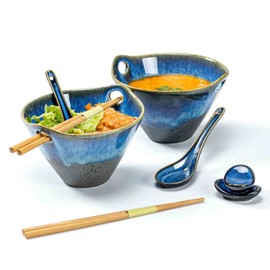 Henten Home 26 OZ Ramen Bowls Set, Ceramic Japanese Noodle Bowls Set of 2, Porcelain Deep Salad Bowl with Chopsticks for Udon, Reactive Glaze, Microwave Safe (Blue A1)