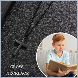 EYQV Christening Gift for Boy, Black Cross Pendant Necklace Holy Communion, Confirmation, Baptism Gifts for Boys - Special Presents for Son Grandson Nephew on Graduation Birthday Christmas