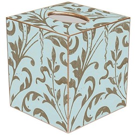 Marye-Kelley Aqua & Taupe Damask Paper Mache Tissue Box Cover