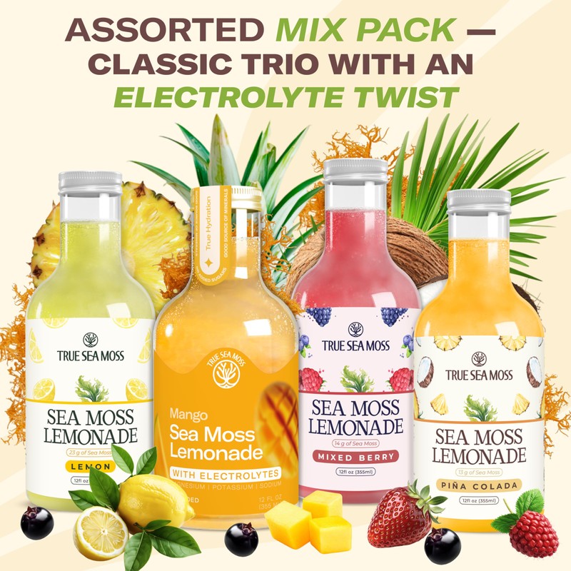 Sea Moss Lemonade Variety Pack – 4 Flavors Sampler: Lemon,