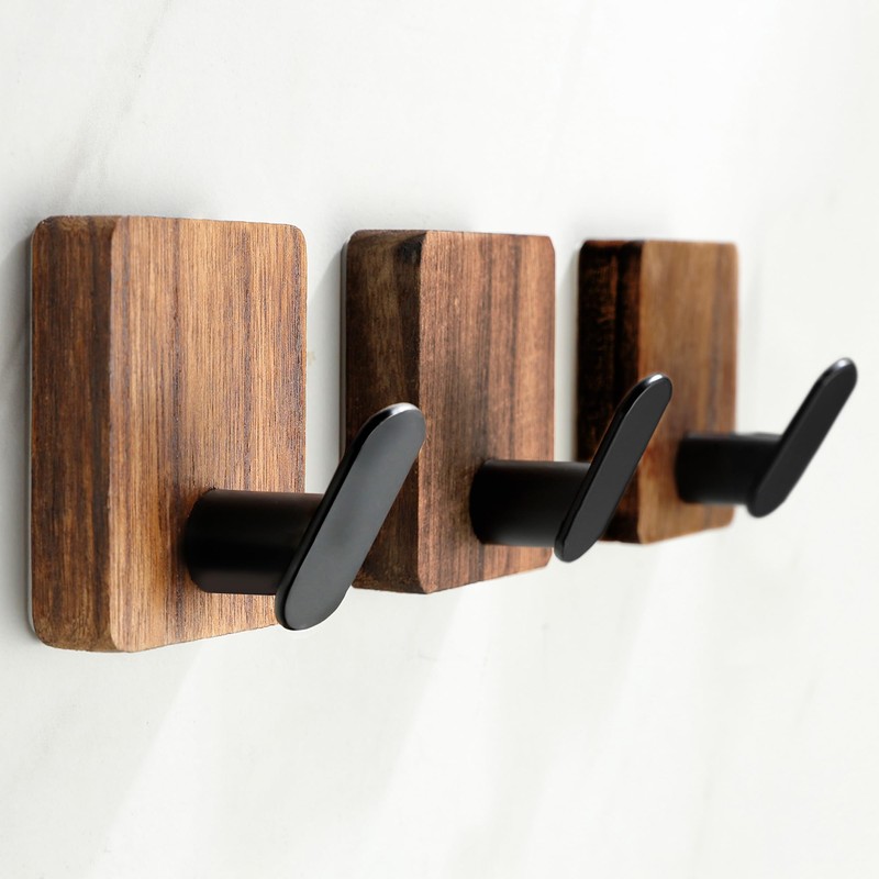 DELITON Towel Hooks for Bathrooms, 4 Pack Adhesive Wood Hooks