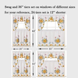 GOHD 3pcs Farmhouse Kitchen Cafe Curtain Set Air Brushed by Hand of Sunflower and Butterfly Design on Thick Satin Fabric (Swag and 36 inches Tiers Set)