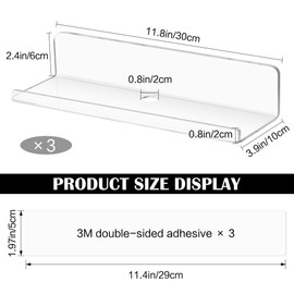SHEPIN Set of 3 Wall Shelves, Floating Shelves, No Drilling Wall, Width 30 cm, Acrylic Transparent Wall Shelf for Bathroom, Living Room and Bedroom, Floating No Drilling Industrial Decoration