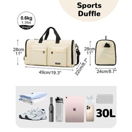 Outplea 30L Faltbare Sporttasche mit Schuhfach & Nassfach, Reisetasche Damen Herren, Sportbeutel Weekender Duffel für Fitness Yoga Reise, Beige