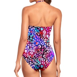 Holipick Women Color Leopard One Piece Swimsuits Tummy Control Bathing Suits Halter Strapless Bandeau Swimwear L