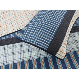 3 Piece Modern & Contemporary All Season Plaid Quilt 100% Cotton Cozy Line Navy Orange Stripe Chambray Stripe Patchwork Quilt Set Traditional Blue Bedding Queen Cozy Comfy Reversible Bedroom Decor