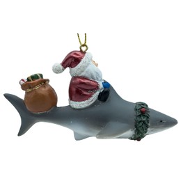 Santa Riding a Shark Delivering Bag of Presents Christmas Tree Ornament