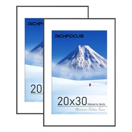 RICHFOCUS 20x30 Frame Black|20x30 Poster Frame with Mat for 16x24|20 x 30 Metal Aluminum Picture Frame for Wall with Tempered Glass Hanging Hardwares Included, Set of 2