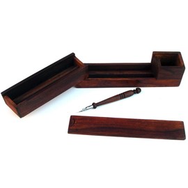 Treasure Gurus Wood Writing Desk Box with Wooden Nib Pen Antique Reproduction