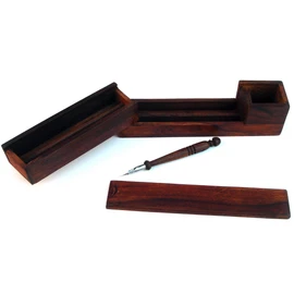 Treasure Gurus Wood Writing Desk Box with Wooden Nib Pen Antique Reproduction