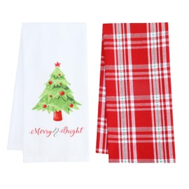 PurpleEssences Christmas Kitchen Towel Set of 2-100% Cotton Tea Towels for Baking, Cleaning, Entertainment & Cooking, Holiday - Christmas Tree and Plaid