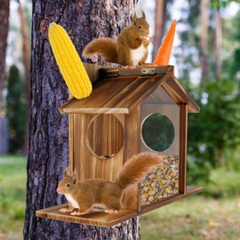 Garden Squirrel Feeder Wooden Squirrel Feeder House Large Capacity Squirrel Feeding Stations Easy to Fill Chipmunk Feeding Platform for Corn Peanuts Outside 32.5x12.5x21cm (Style A)
