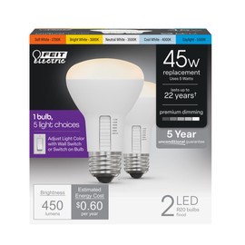 Feit Electric R20 LED Light Bulb, 45W Equivalent, Dimmable, Color Selectable 6-Way, 5CCT, E26 Medium Base, 90 CRI, 450 Lumens, Damp Rated Track or Spot Light, 22-Year Lifetime, R20DM/6WYCA/2, 2 Pack