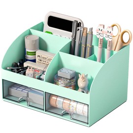 COMFYROOM Desk Organizer and Accessories with 6 Compartments and 2 Drawers, Plastic Makeup Organizer, Pen Holder for Desktop Storage, Desk Organization for School, Home, Office Supplies (Mint Green)