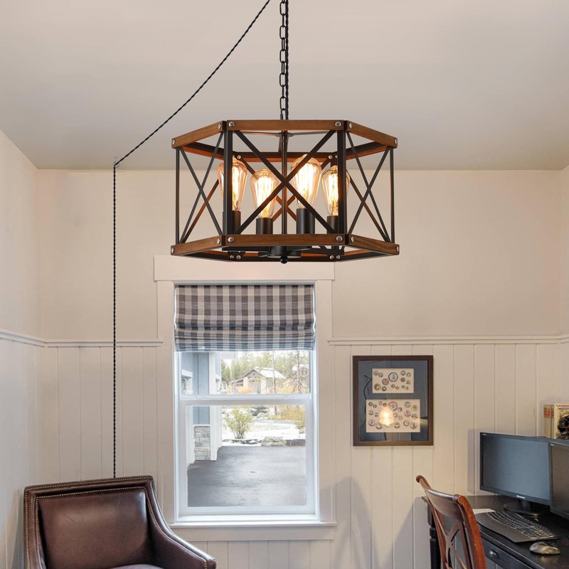 4-Light Large Rustic Farmhouse Plug in Pendant Light Fixture with