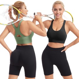 HANERDUN Sports Bra Strong Hold Women's Adjustable Straps Yoga Bra with Padded Seamless Without Underwire Wide Straps Racerback for Fitness Running Jogging, 3 Pieces- (Black+Purple+Green)