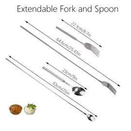 IUSOT 2pcs Extendable Fork and Spoon, Telescopic Stainless Steel Fork and Spoon, Long Handled Fork, Retractable Dinner Fork for Dessert, Fruit, BBQ, Expandable Tableware Supplies