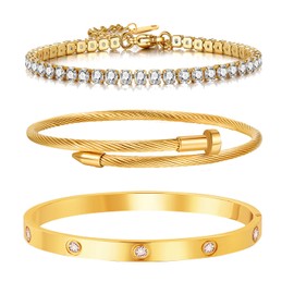 18K Gold Plated Stackable Love Bangle Bracelet Set for Women - 3 Pcs Stainless Steel Chain Bracelet Cubic Zirconia Gold Bangle Set Gift for Wife Valentine's Day, Mother's Day, anniversary(Tennis Bracelet Stack)
