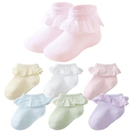 Baby Girls Socks Eyelet Ruffle Lace Frilly Dress Socks for Toddler 6 Pairs (Mix Set, 12-24 Months)