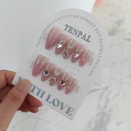 TENPAL Press on Nails with Tools Kit,Pink Ombre Glitter Almond Nails,3D Heart Charms Rhinestones False Nails,Cute Gradient Fake Nails with Glitter Powder,Sweet Daily Wear False Nails for Women 24pcs
