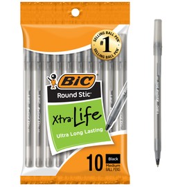 BIC Round Stic Xtra Life - Bolgrafos negros de punta media (1.0mm), paquete de 10 bolgrafos de granel, barril redondo y flexible para escribir con... 