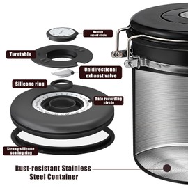 Hisdricus Coffee Bean Container (1.5 L), Airtight, Stainless Steel Coffee Jar, Keeps Food Fresh, Suitable for Storing Coffee Beans, Spices, Tea and Nuts (Black)
