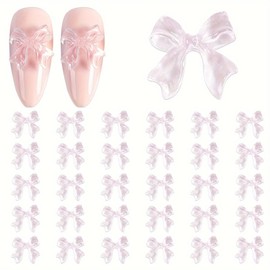 30pcs Pink Candy Ribbon Bows 3D Nail Charm Colourful Transparent Jelly Color Valentine Nail Decoration Accessories (Pink)